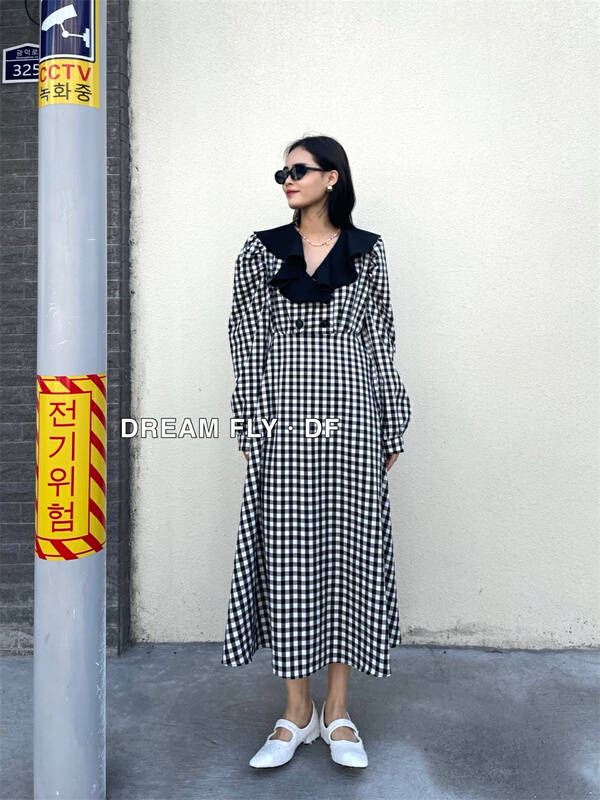 New year in early spring! [dream fly] lady color blocking Plaid Dress 61103# XJ