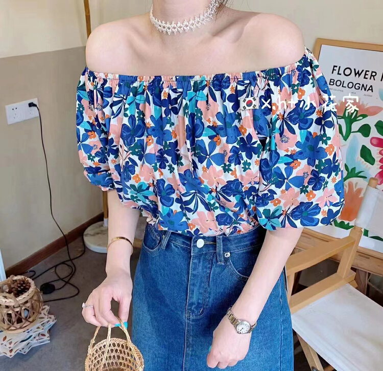 Original price: 43.99! [I-D] Korean one shoulder floral shirt 827# L