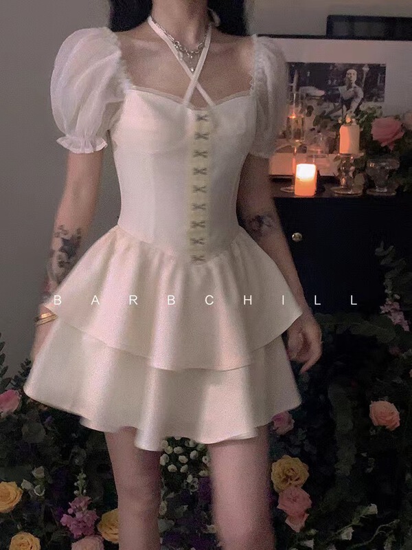 New in early summer! [NC edition] gentle Fengxian temperament bubble sleeve cross band dress w9232# zxx