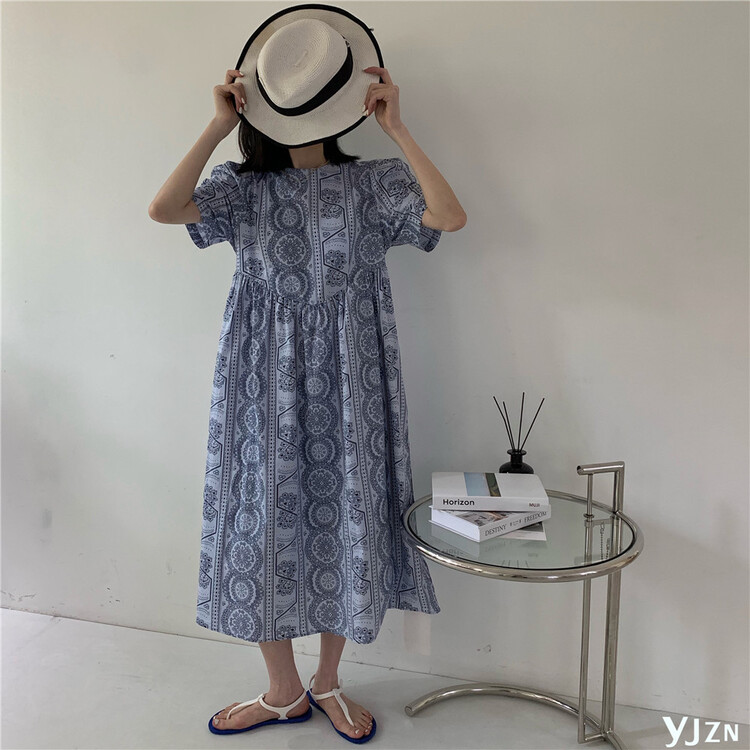 New in early summer! [within one circle] fashion round neck medium length dress 8397# LSW