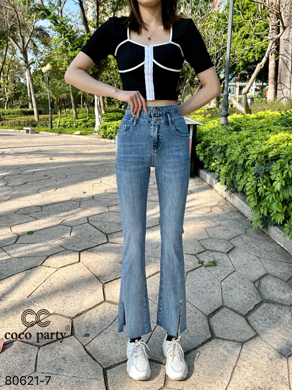 [CC] double button high waist elastic jeans 80621-7# ozq