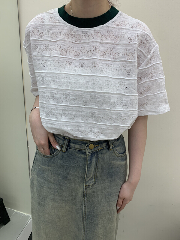 [m.two] Korean color contrast edge round neck lace short sleeve T-shirt 7825# hyy
