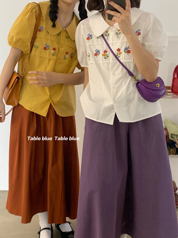 New in early summer! [table blue] Mori doll collar embroidered shirt 2104# LSW