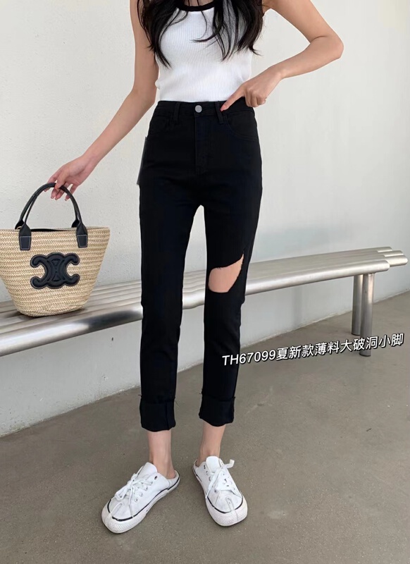 New in early summer! [T.H] Korean version of pierced high waist and small leg jeans 67099# LSW