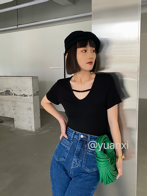 goods in stock! New in early summer! [Yuanxi] design sense niche V-neck slim fitting short sleeve T-shirt ys1-3041# LSL