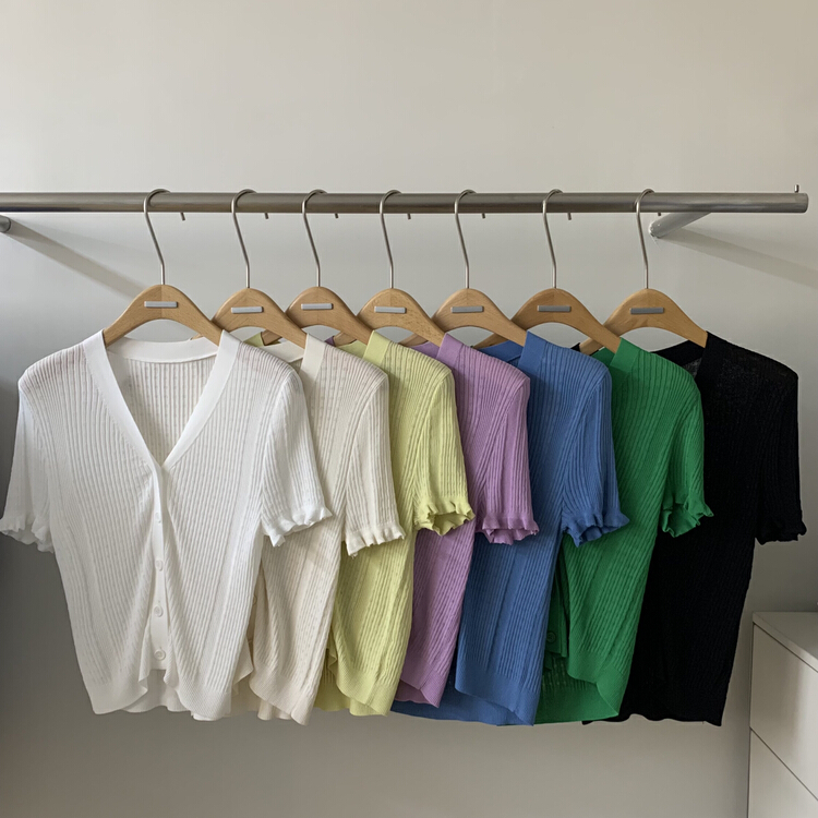 New in early summer! [on line] ice silk V-neck pit strip single breasted short sleeve T-shirt 99101# lwy