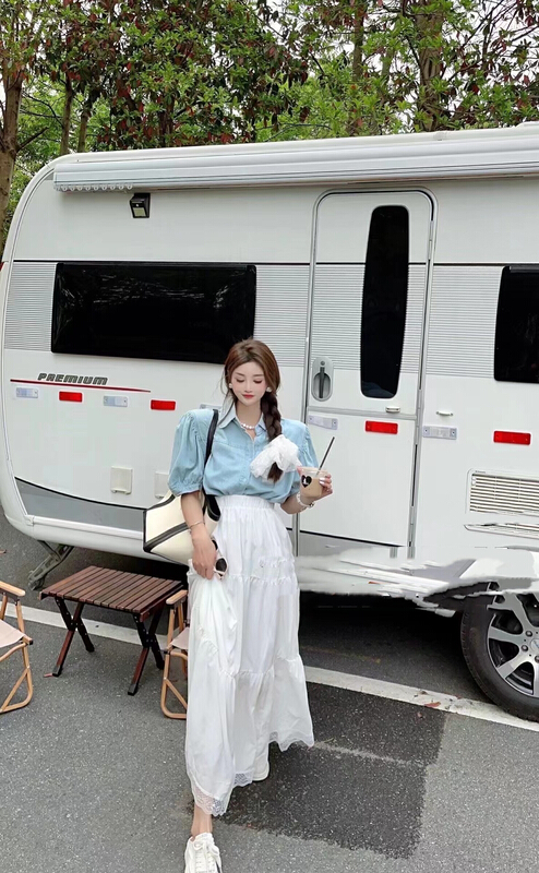 [MI] Korean wash denim jacket + Korean Chiffon loose skirt suit 9516# PCZ