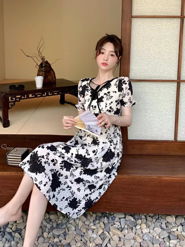 [are studio] design sense V-neck lace up Printed Dress 81162# zxx
