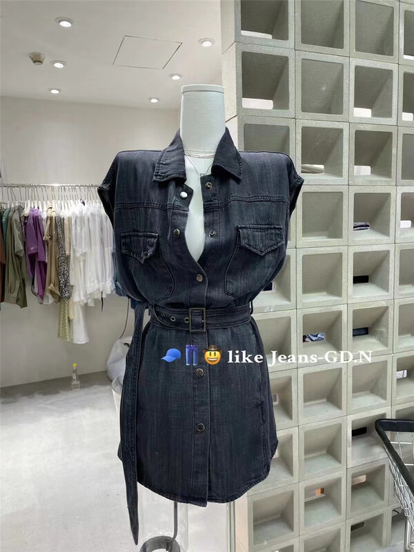 New in early summer! [GDN] commuter style simple sleeveless single breasted denim vest dress (with belt) f121# ozq