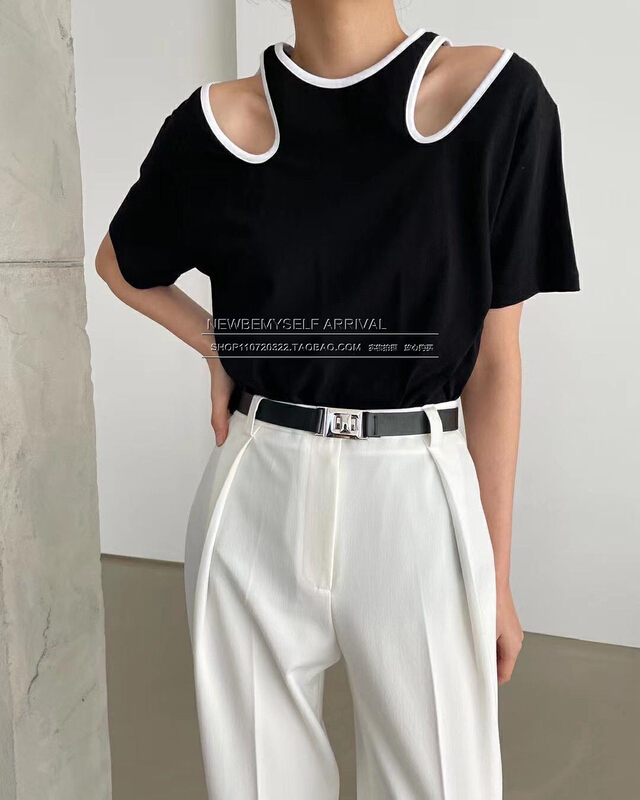 [K2 design] Korean contrast border design hollowed out short sleeve T-shirt t15# WTT