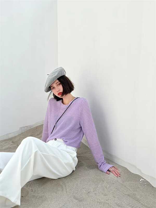 goods in stock! [black + white] mesh fashion versatile long sleeve T-shirt 2621# XYJ
