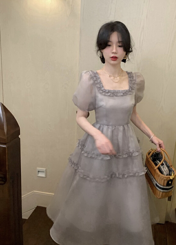 [w design] French Vintage square neck Ruffle Dress 21341# WPL