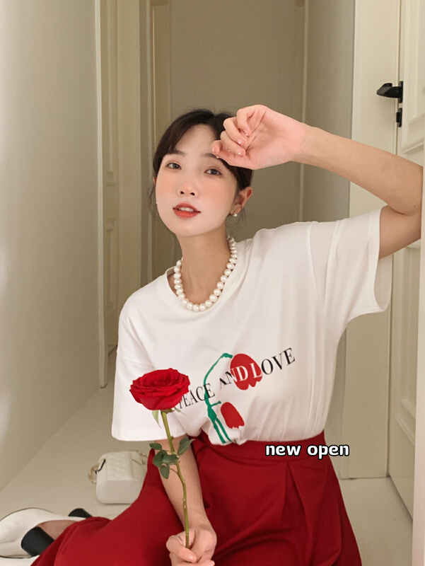 New in early summer! [new open] Korean simple rose alphabet printed round neck short sleeve T-shirt fy22271# zxl