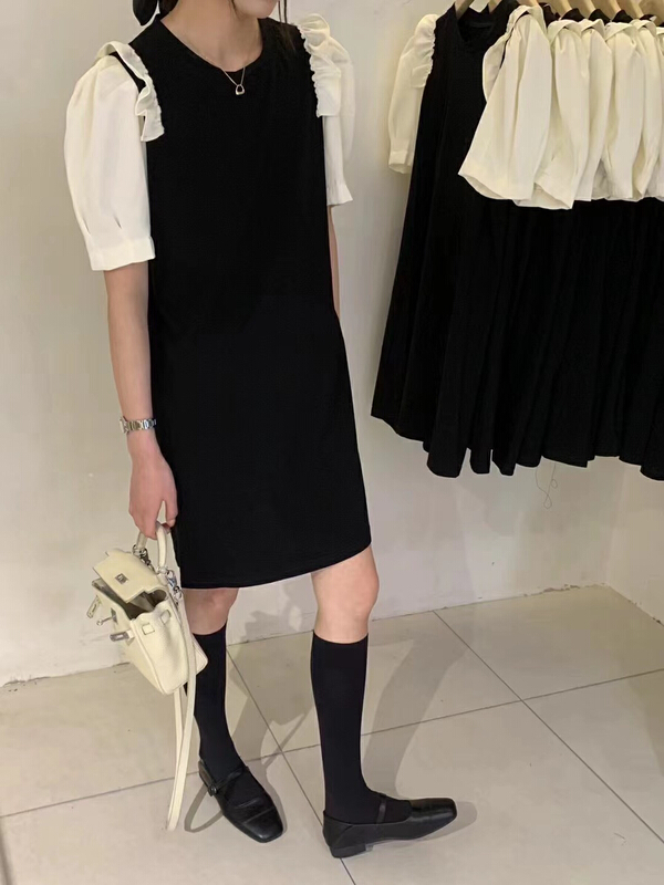 [Xiaoxiaojia] chic contrast color bubble sleeve dress 80612# WTT