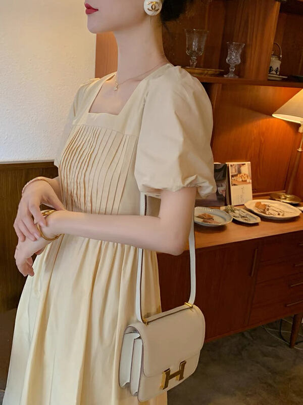 [jun.t] French Vintage goose yellow square neck dress (with belt) 5692# PCZ