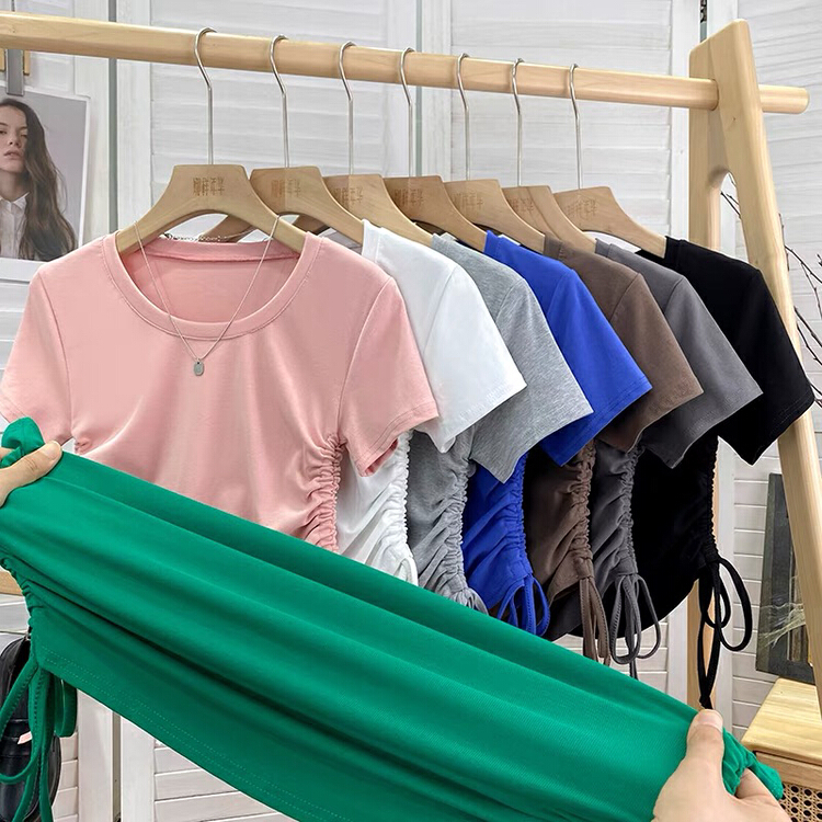 [Gangan] high waist design with drawstring on both sides and short sleeves T-shirt 1281# Cl