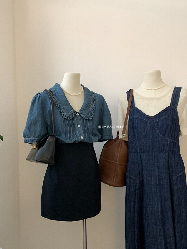 Retro niche pleated baby collar denim shirt cx8068# LSW