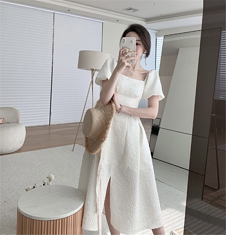 New in early summer! [come and see] white waist closing retro temperament medium length dress 8142# JJ