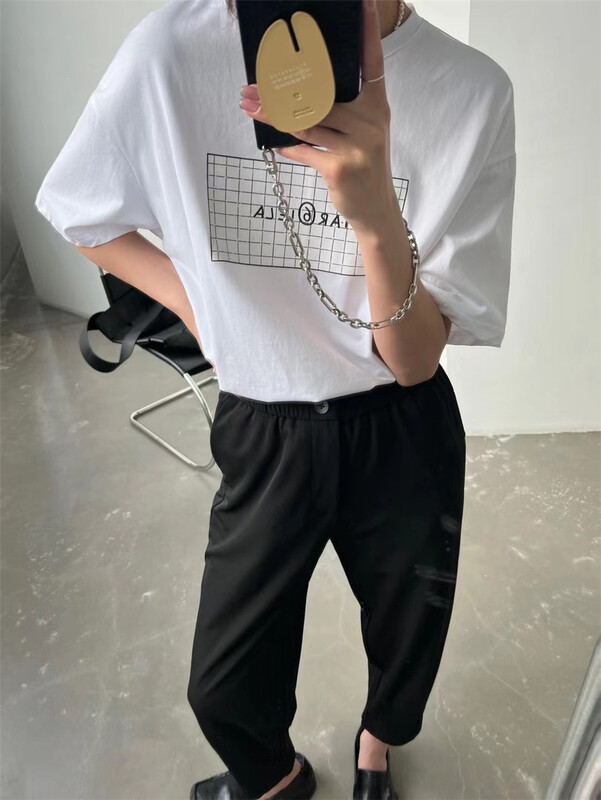[black + white] crew neck lazy pattern printed short sleeve T-shirt 2s105470# lwy