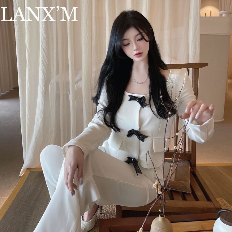 [lanxm] bow tie square neck suit + wide leg trousers suit (with bow) 18013# JJ