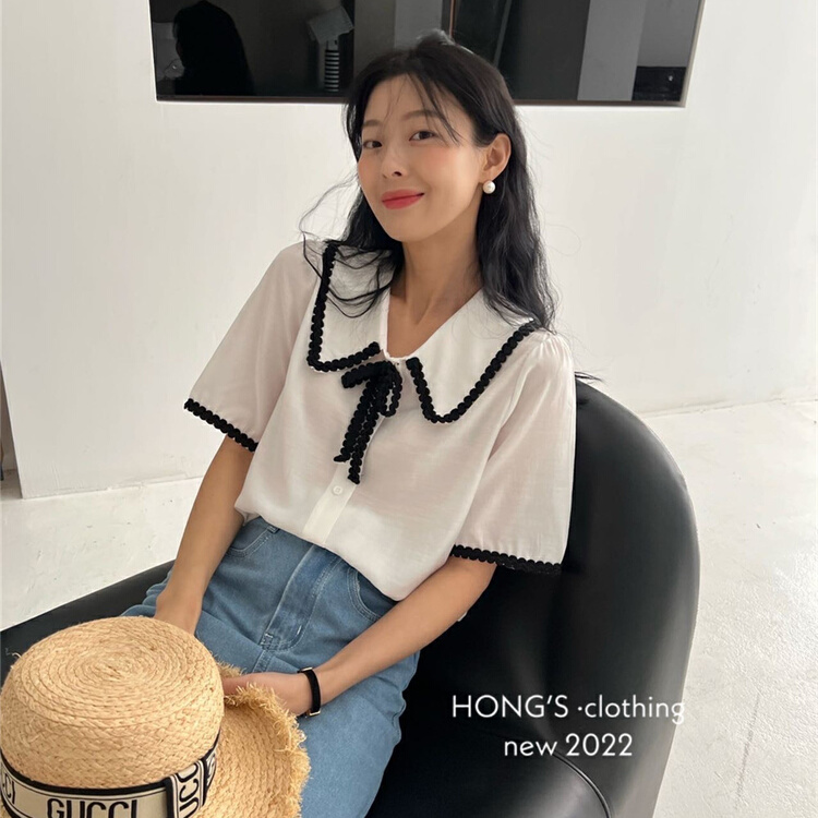 [Hong's] color blocking fashion Lapel shirt (with bow tie) 1651# ll