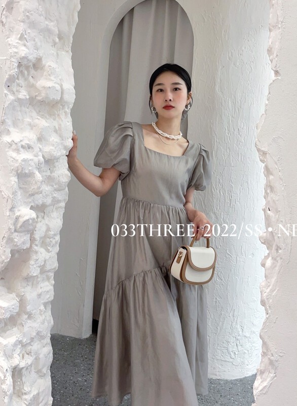 [033three] Korean solid color loose bubble sleeve Tencel dress (with hair circle) 8111# ozq