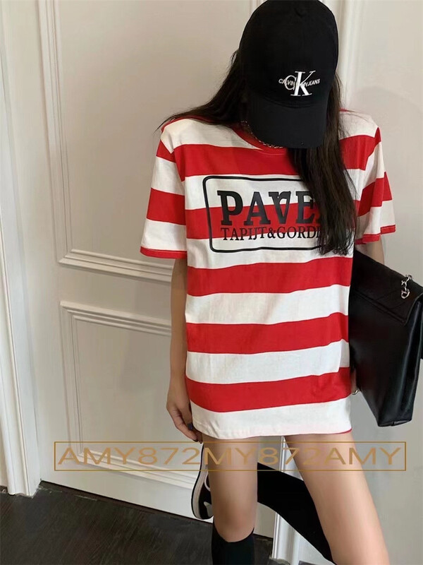 New in early summer! [Amy] loose stripe shoulder pad short sleeve T-shirt ys1-872# WTT