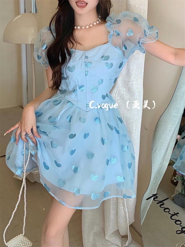 [c.vogue] bubble sleeve niche design waist closing dress 28360# PCZ