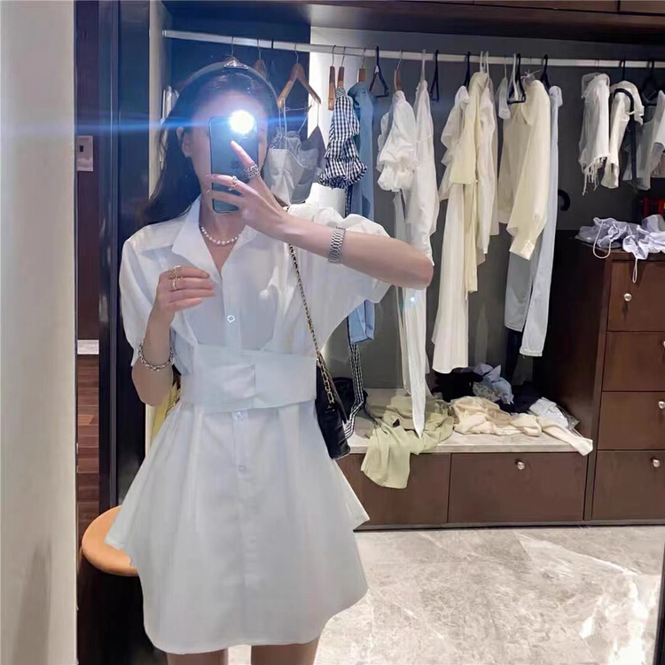 New in early summer! [Hello] personalized bandage Shirt Dress + versatile basic solid color casual Shorts Set ys-6279# lwy
