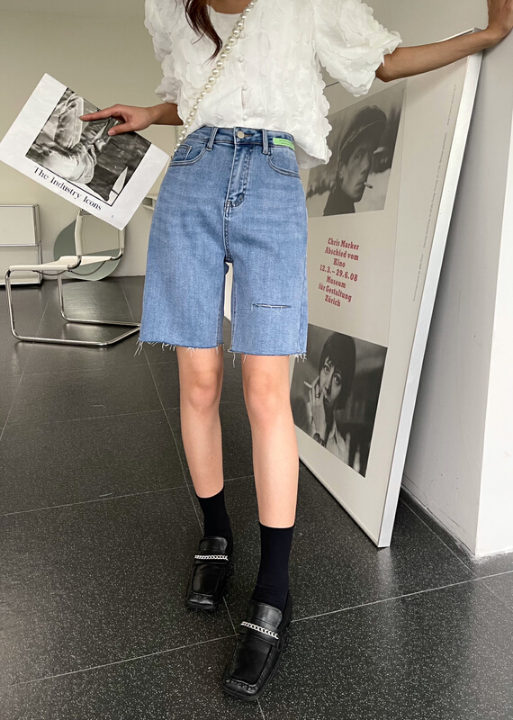 [en Xier] Korean version versatile elastic hole five point denim shorts eb1861# L