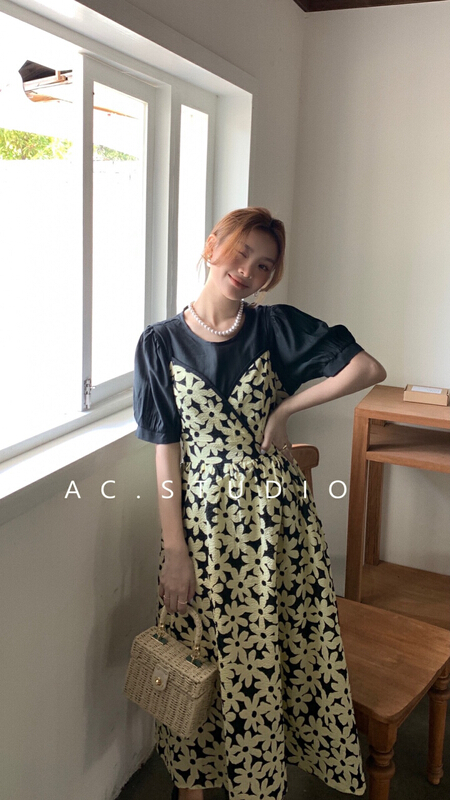 [A.C] Korean style flower dress + solid color versatile blouse suit 11559# LSL