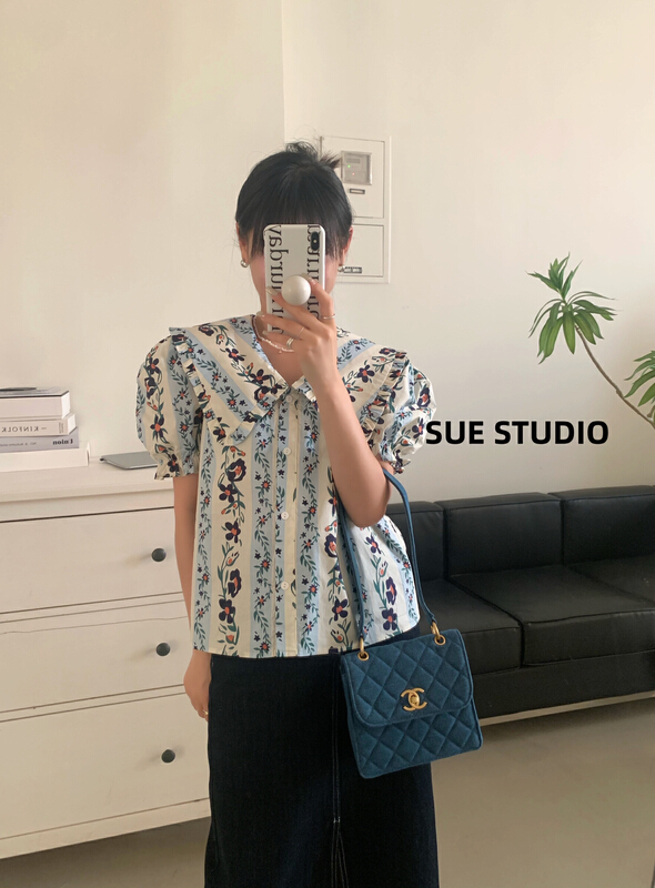 New in early summer! [Sue studio] flower cotton doll Neck Shirt 99989# ZSY