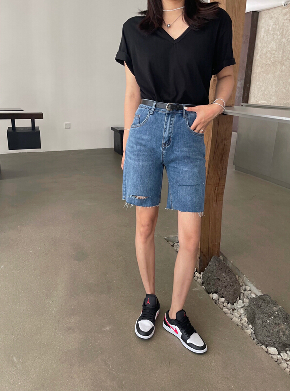 [hakie] skinny and perforated high waist denim shorts (with belt) 9968# ozq