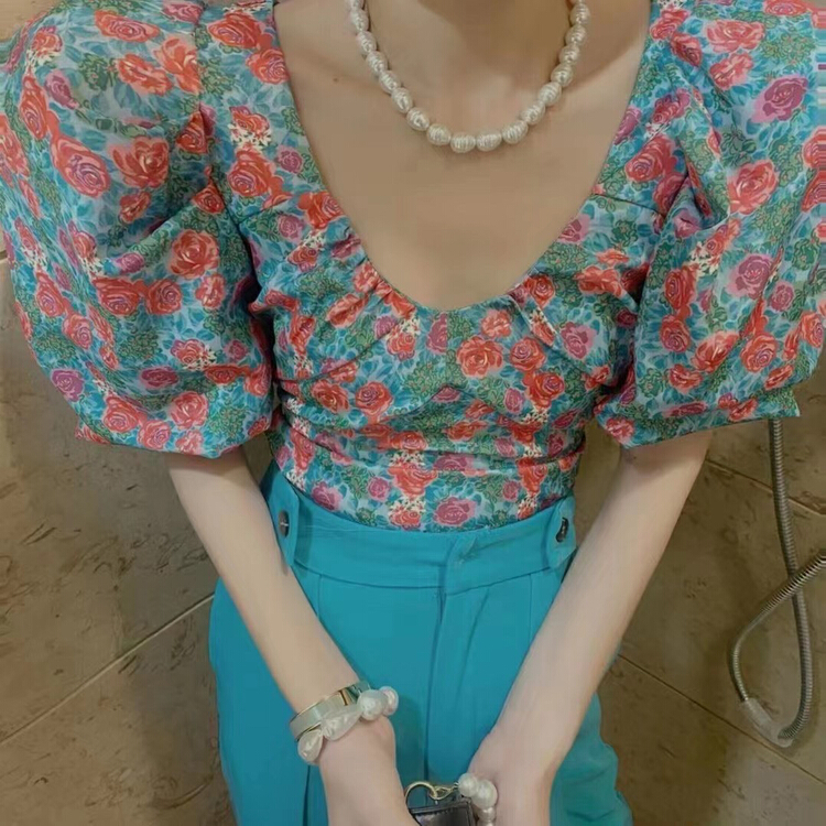 [MI] Korean version of foreign style backless floral blouse 9511# PCZ