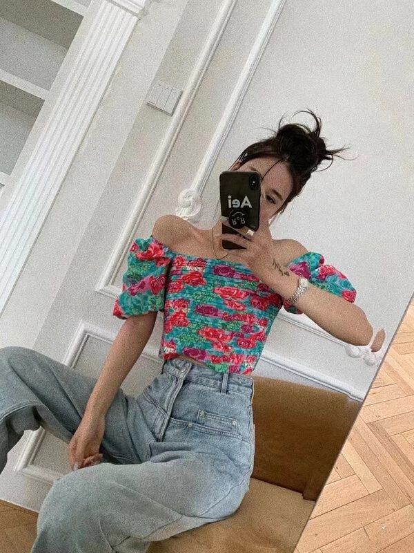 [SME +] temperament printed square neck bubble sleeve short shirt 5280# CSX