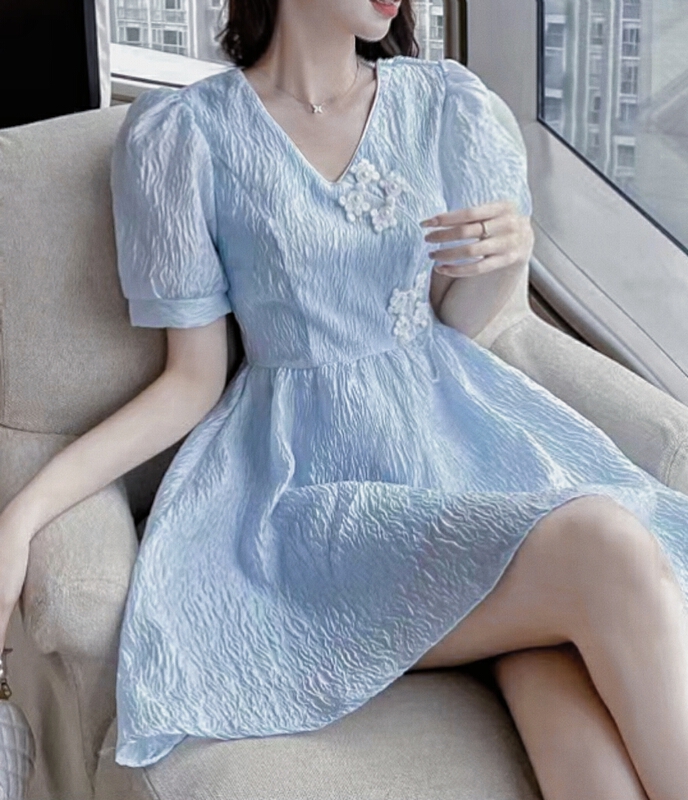 [twins] French V-neck Vintage buckle chain dress 8857# hjy