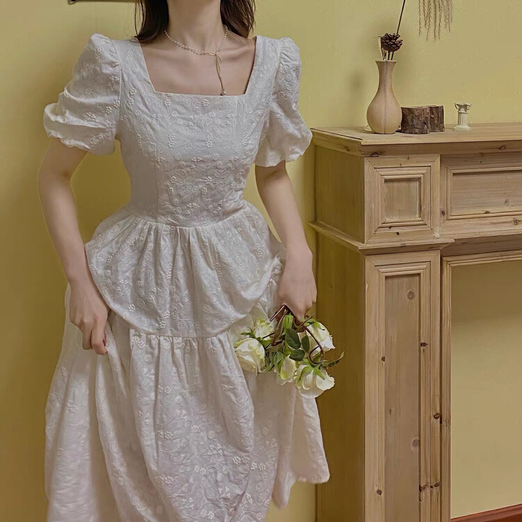 [Yingying new clothes] French style square neck bubble sleeve lace up bow tie sweet dress 7048# Cl