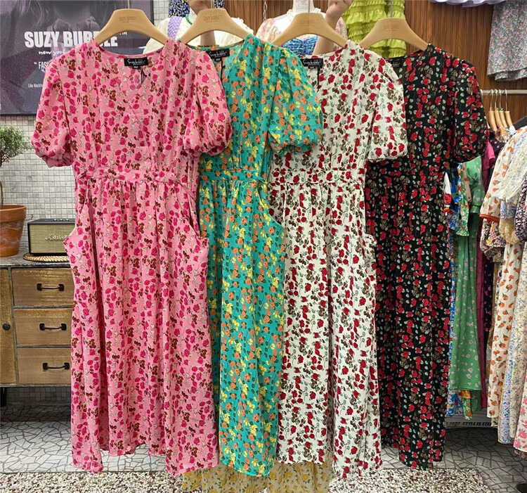 [suzybubble] Vintage small fresh bubble sleeve floral dress 1826# WPL