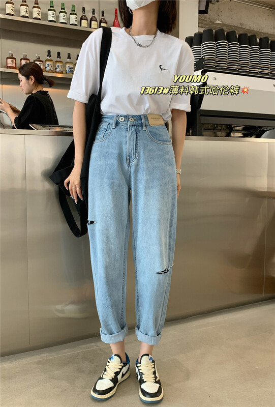 [Youmo] ripped loose skinny jeans 13613 Blue-1 dark blue-2 apricot-3 Navy # LSL