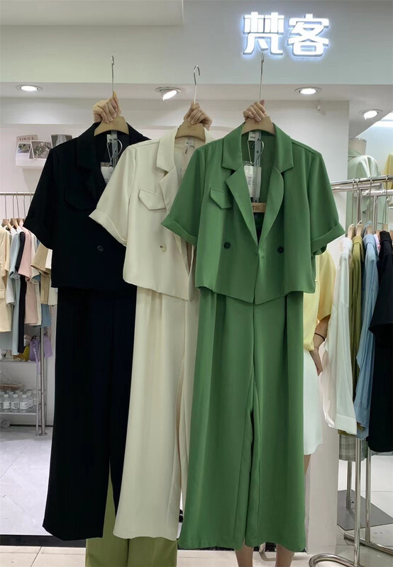 [Fanke Fanke] advanced short sleeved double button short sleeved suit + high waist straight trousers suit 12086# XJ