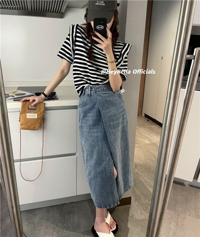 New in early summer! [hey Bella] Korean striped fungus edge loose short sleeve T-shirt ys1-1307# ll