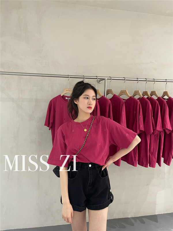 [miss Zi] love embroidery loose short sleeve T-shirt 2368# cqw