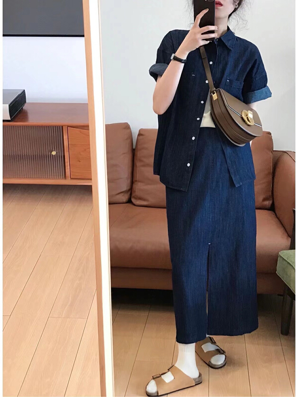 [moment with you] loose single breasted shirt + comfortable jeans casual pants set t0698-j# LSW