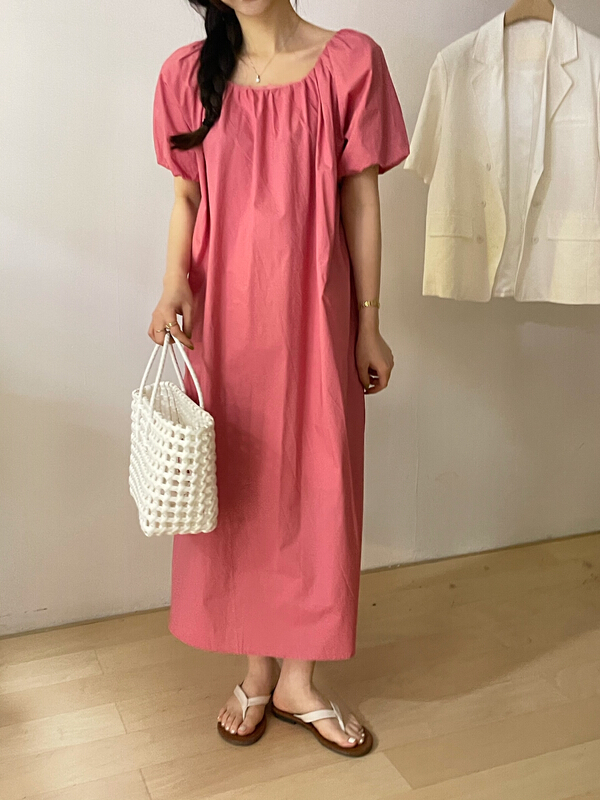 [bloom place] French simple backless bubble sleeve dress 623232# CLS