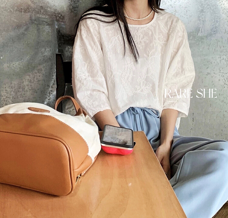 New in early summer! [rare she] cotton embroidered Round Neck Lace Blouse 5187# LSW