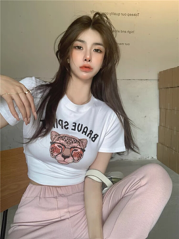 [1to3] Korean leopard letter print slim fitting short sleeve T-shirt d107# LSW