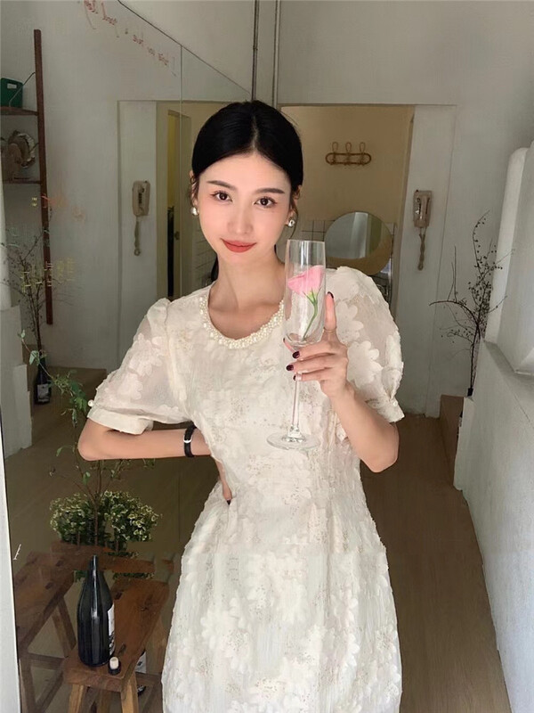 [macaroon] round neck jacquard heavy industry Beaded shorts dress 9601# PCZ