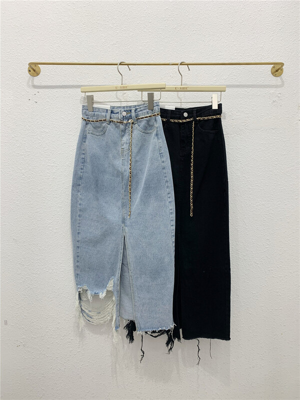 [u.she] Korean irregular design denim skirt (with belt) 82097# cqw