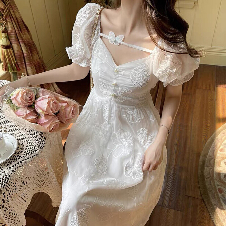 [Yingying new clothes] French gentle style, hollow out, narrow waist, butterfly square neck dress 7053# Cl