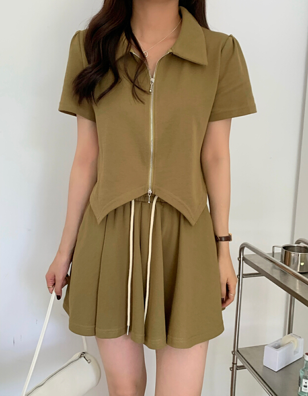[victory. 2] Korean version solid color short sleeve T-shirt + high waist slim skirt suit v222# WPL